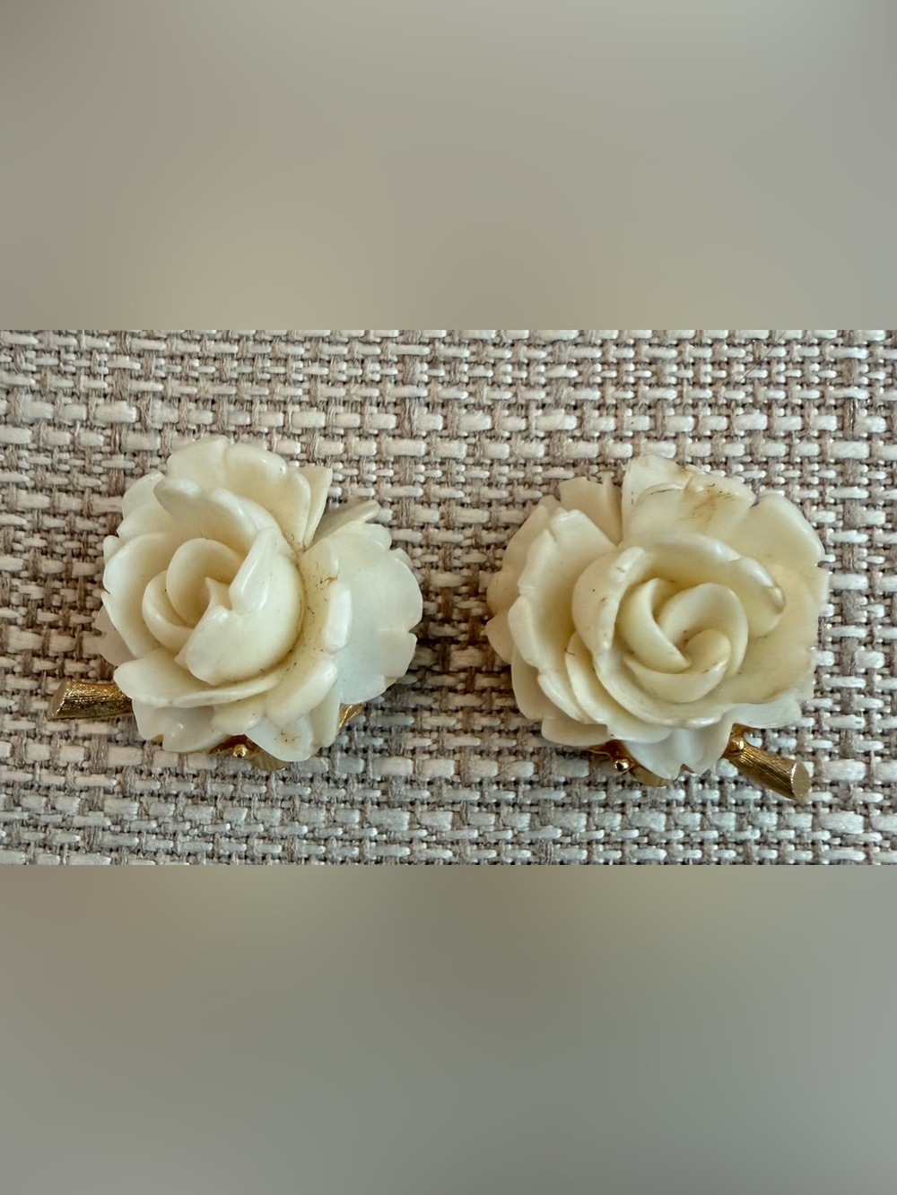 BSK white celluloid floral rose vintage clip on earrings made in Japan